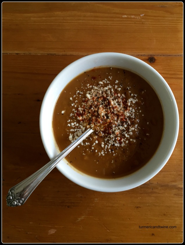 Slow cooker butternut squash potage with chili and cocoa powder