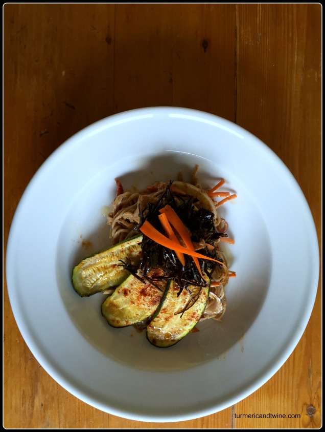 Peanut sauce soba noodles with roasted zucchini and wakame